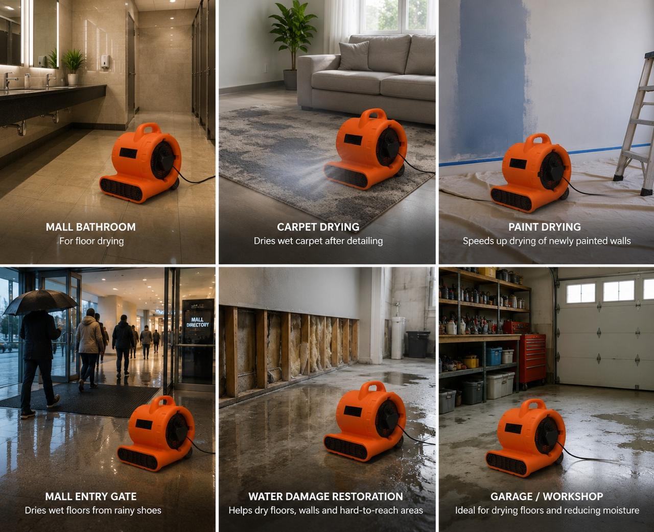 STARQ 3-Speed 1100W 3500 CFM Monster Air Mover Floor Carpet Dryers with Handle Wheelkit (Orange)