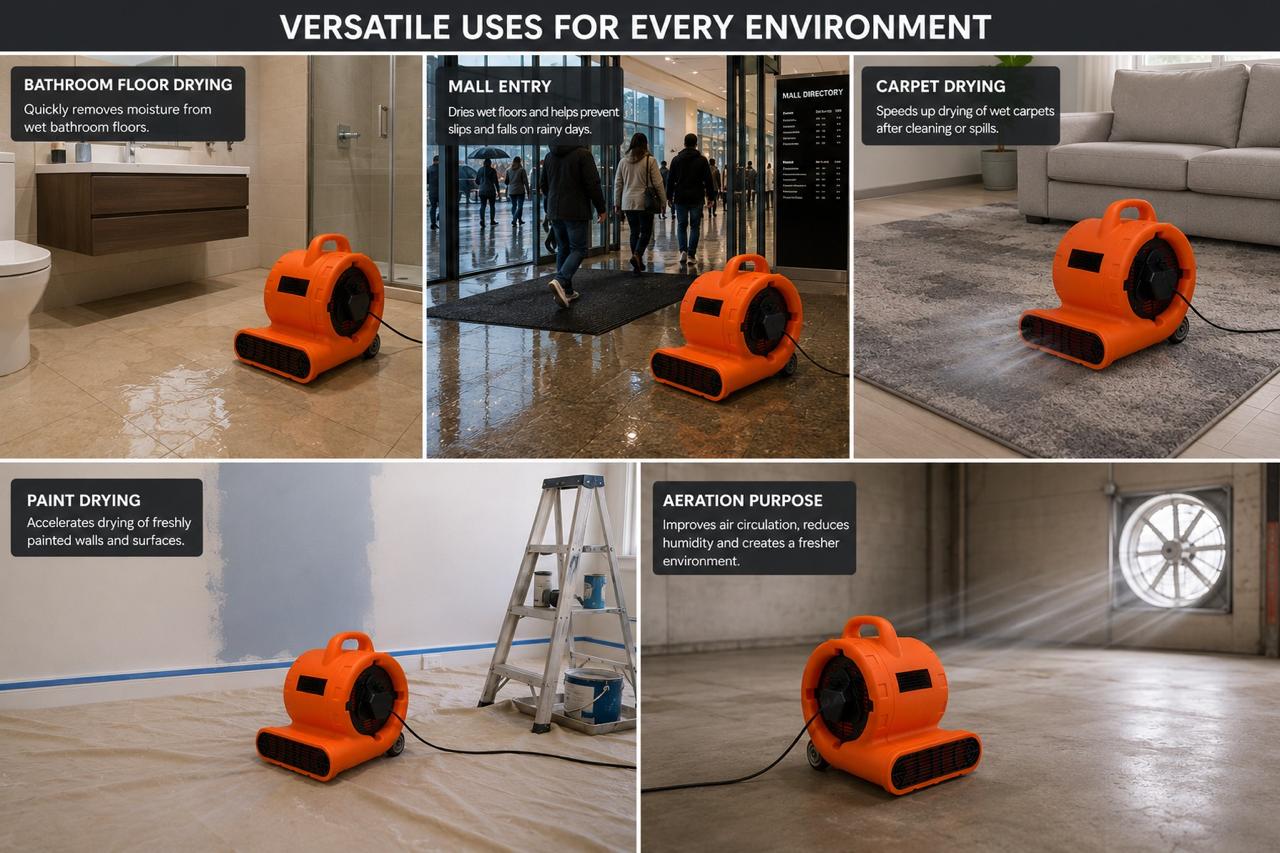 STARQ 3-Speed 1100W 3500 CFM Monster Air Mover Floor Carpet Dryers with Handle Wheelkit (Orange)