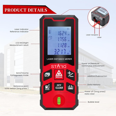 STARQ Laser Distance Meter, Range Digital Measuring Tape with Backlit Display & Data Record, Multiple Measurement Modes, Measure Distance, Area and Volume, IP54 Waterproof (60M)
