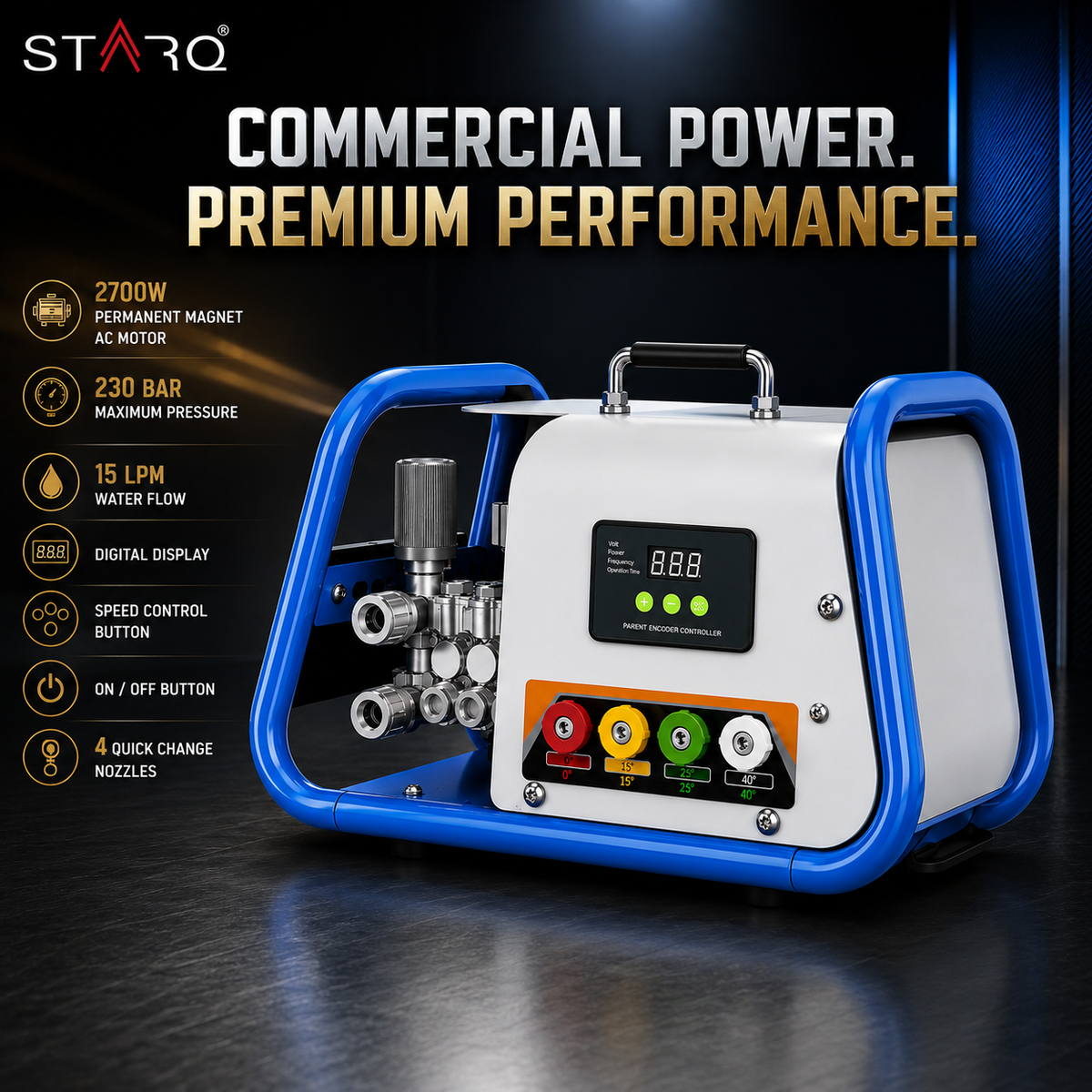 STARQ STPMDC 3.6 Commercial High Pressure Washer 2700W 3.6HP PMDC Motor 230 Bar 15 LPM Digital Display 15m Steel Braided Hose with QRC 4 Nozzles for Car Bike Home Truck