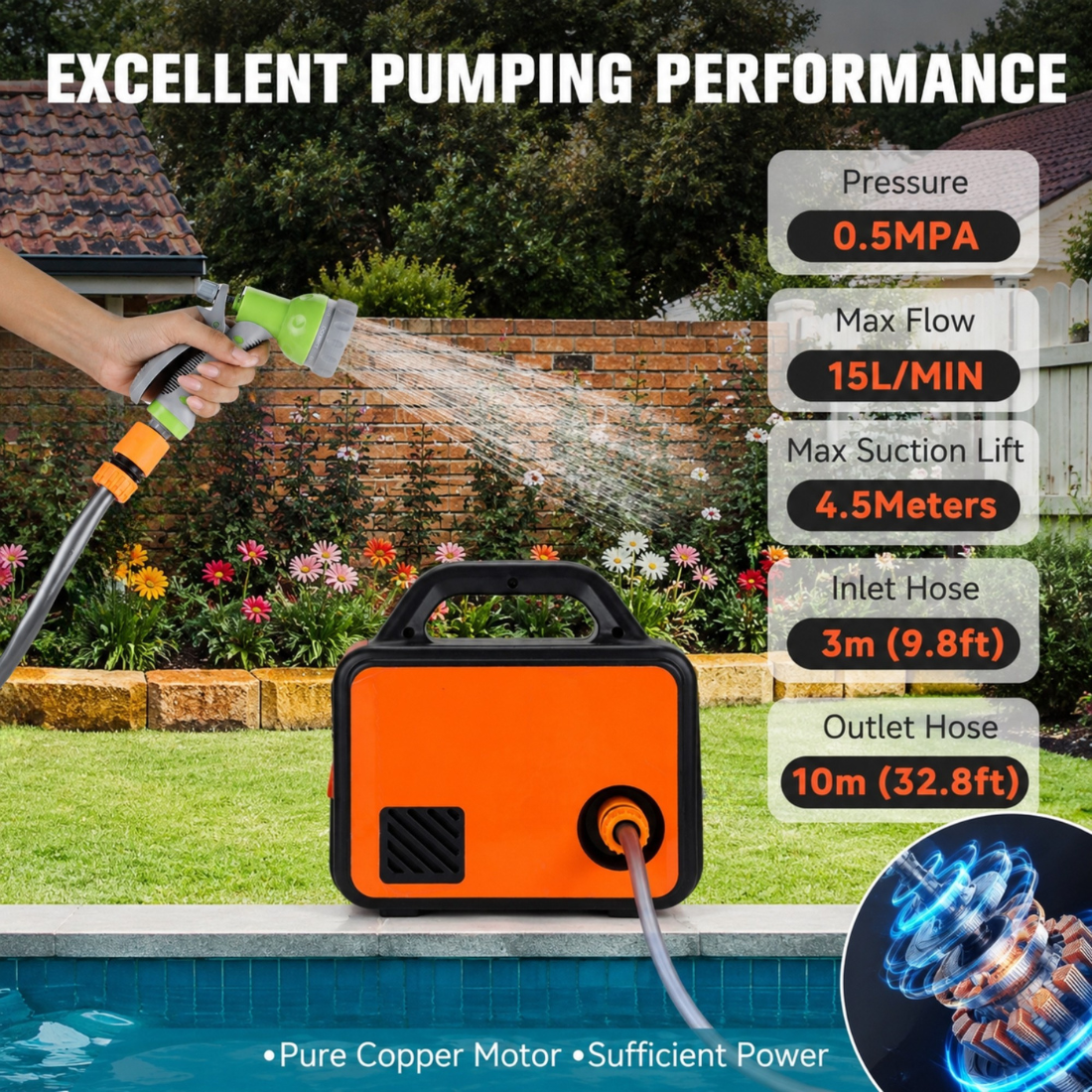 STARQ Cordless Water Pump 200W 6000mAh Battery Self Priming Portable Water Transfer Pump with Spray Gun for Car Bike Garden and Home Use