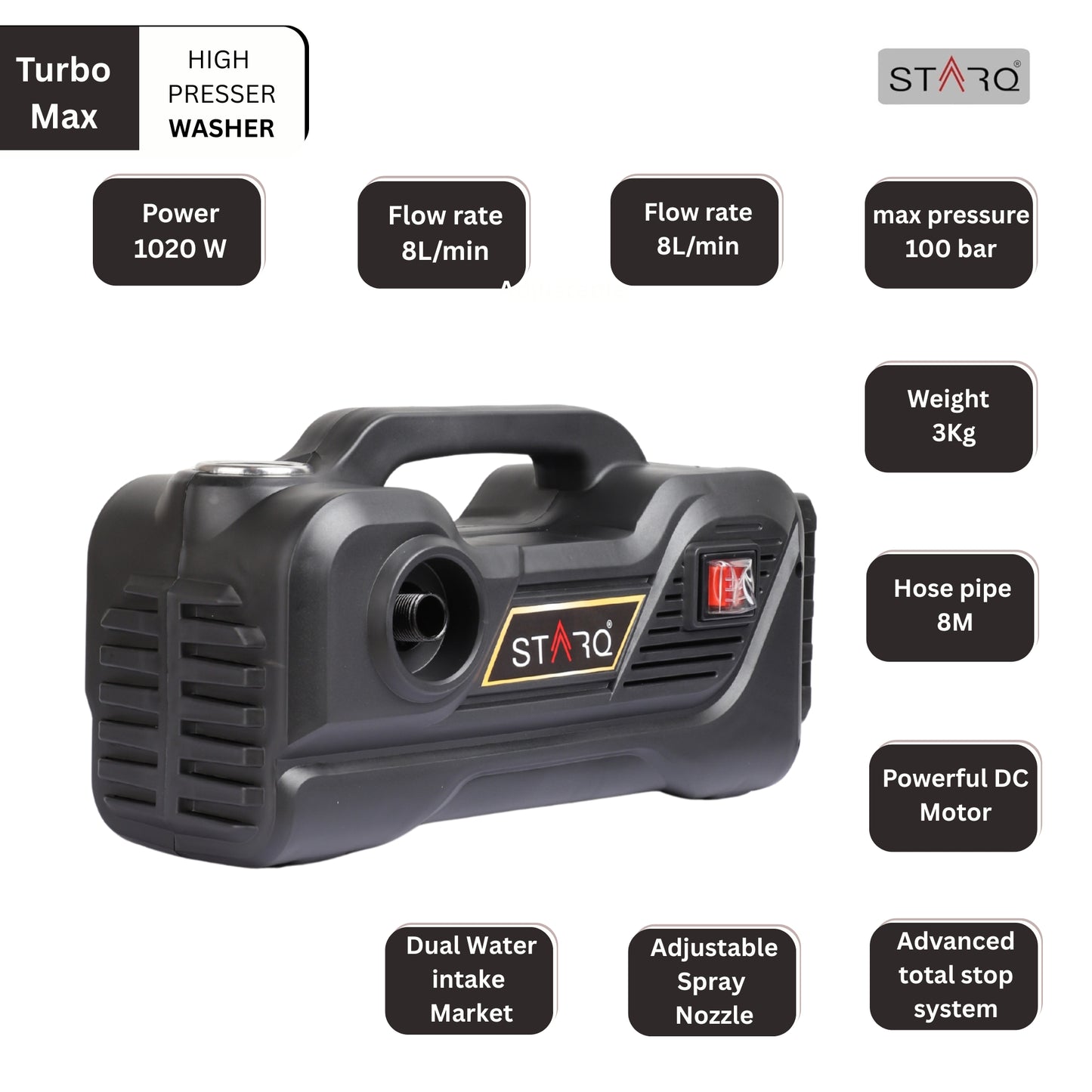 STARQ TurboMax 48V Cordless High Pressure Washer, 1020 Watts, 100 Bar, 8 LPM, with 2 x 4000mAh Batteries, 8 Meter Hose Portable Car, Bike, and Home Cleaning