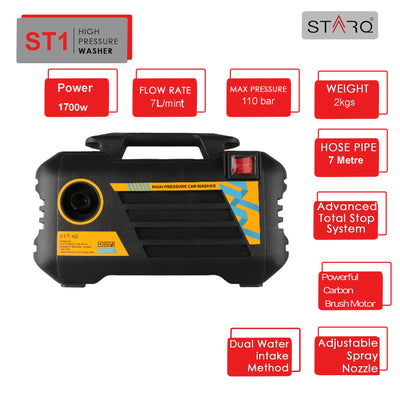 STARQ ST1 | 110 Bar 1700W | Heavy Duty High Pressure Washer for Car, Bike, Home | Pressure Adjustable | Red