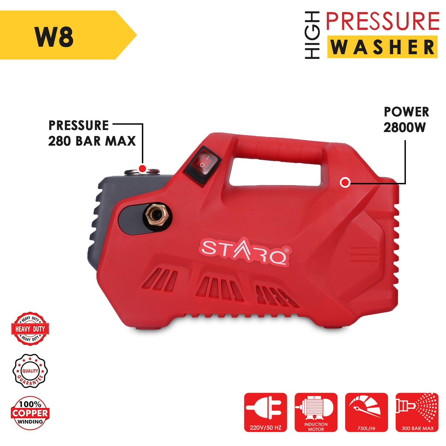 STARQ® W8 2800W | 280 Bar | Portable Heavy Duty High Pressure Washer/ Cleaner | Red (Combo)