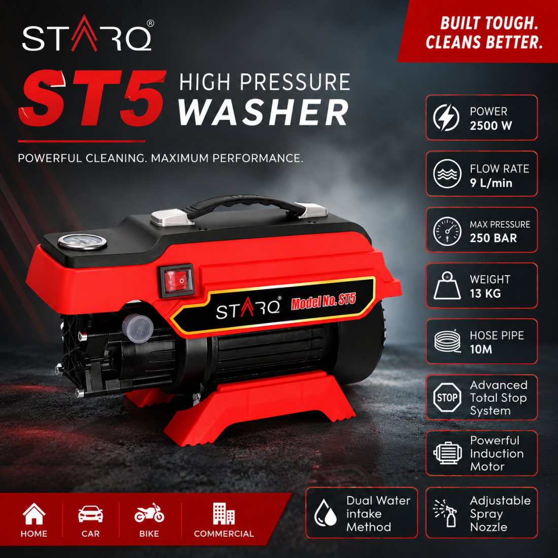 STARQ ST5 | 250 Bar 2500W | Heavy Duty High Pressure Washer for Car, Bike, Home | 1Ltr Professional Snow Foam Lance | Red