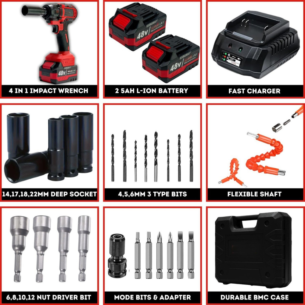STARQ 4-in-1 Cordless Impact Wrench/Driver Drill 48V, 850Nm Torque, 2×5.0Ah Li-ion Batteries, Variable Speed, LED Light | 30-Piece Kit of Sockets & Bits, Fast Charger & Carry Case.