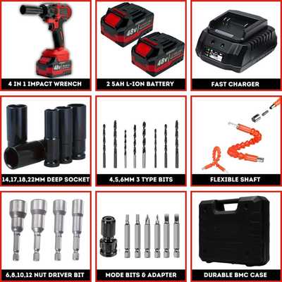 STARQ 4-in-1 Cordless Impact Wrench/Driver Drill 48V, 850Nm Torque, 2×5.0Ah Li-ion Batteries, Variable Speed, LED Light | 30-Piece Kit of Sockets & Bits, Fast Charger & Carry Case.