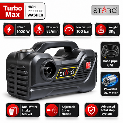 STARQ TurboMax 48V Cordless High Pressure Washer, 1020 Watts, 100 Bar, 8 LPM, with 2 x 27000mAh Batteries, 8 Meter Hose Portable Car, Bike, and Home Cleaning