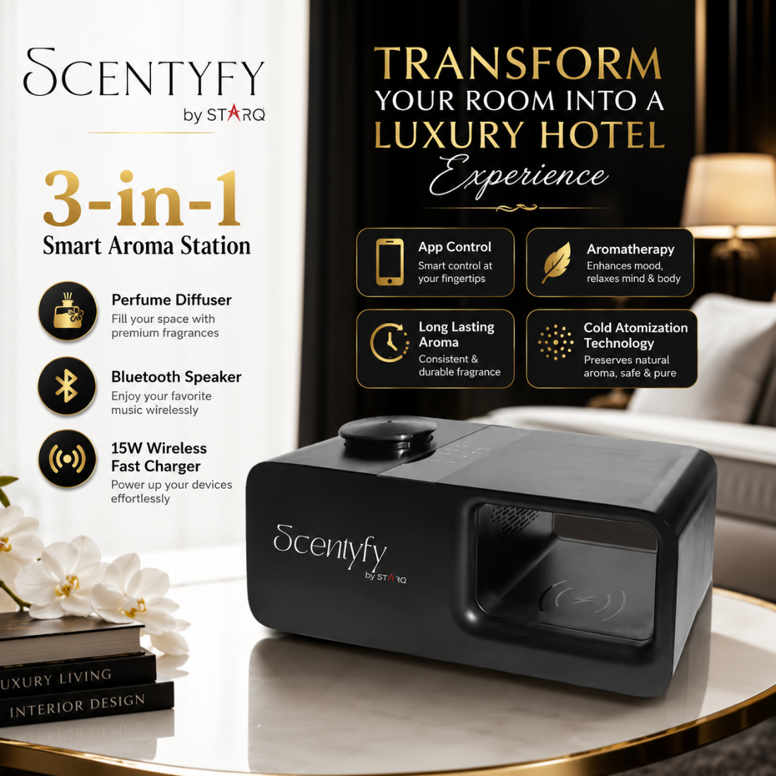 STARQ Trinity 3-in-1 Smart Perfume Diffuser with Bluetooth Speaker & Wireless Charger, Aromatherapy Essential Oil Diffuser, Home, Office & Bedroom Decor