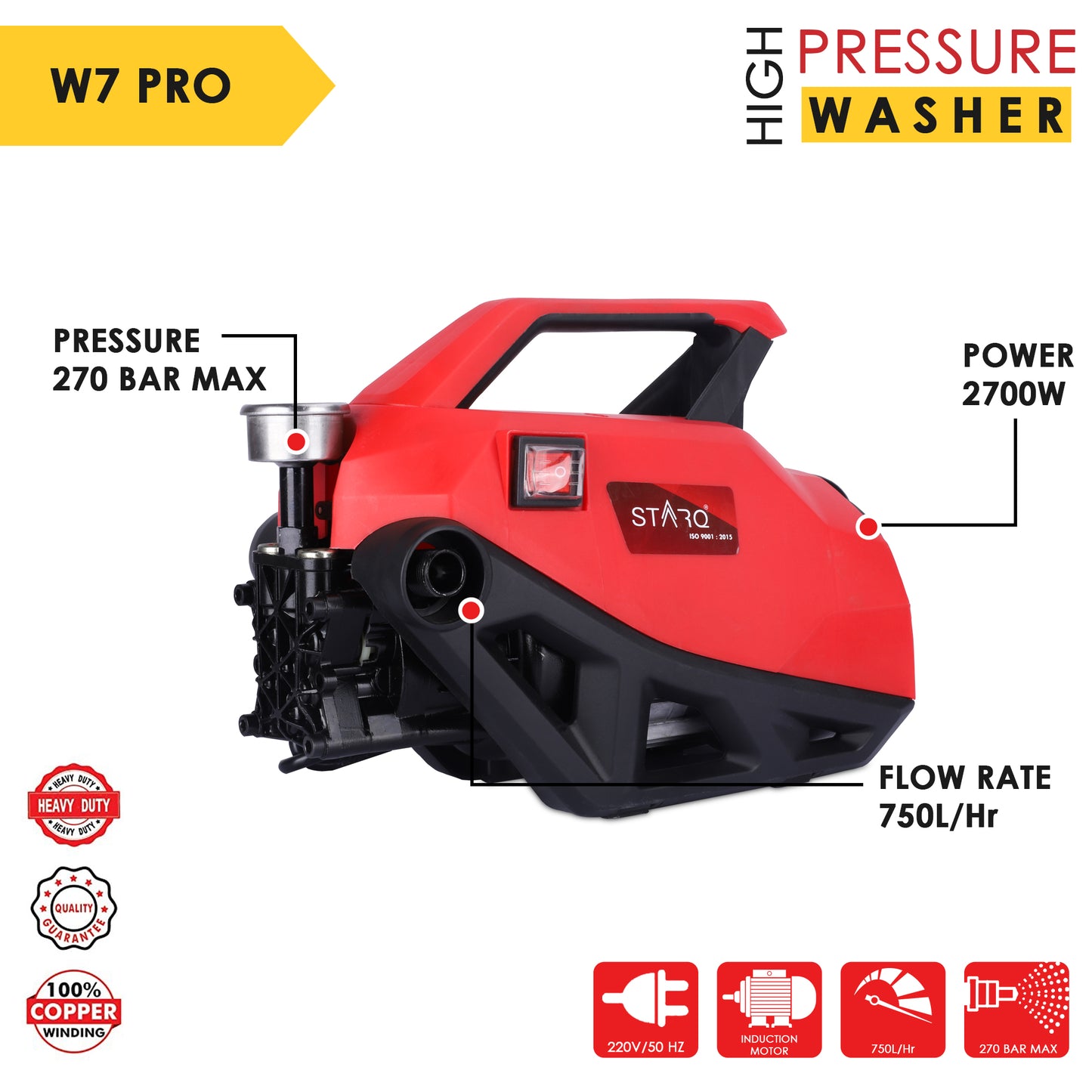 STARQ® W7 2700W | 270 Bar | Heavy Duty High Pressure Washer | Red (Standard)