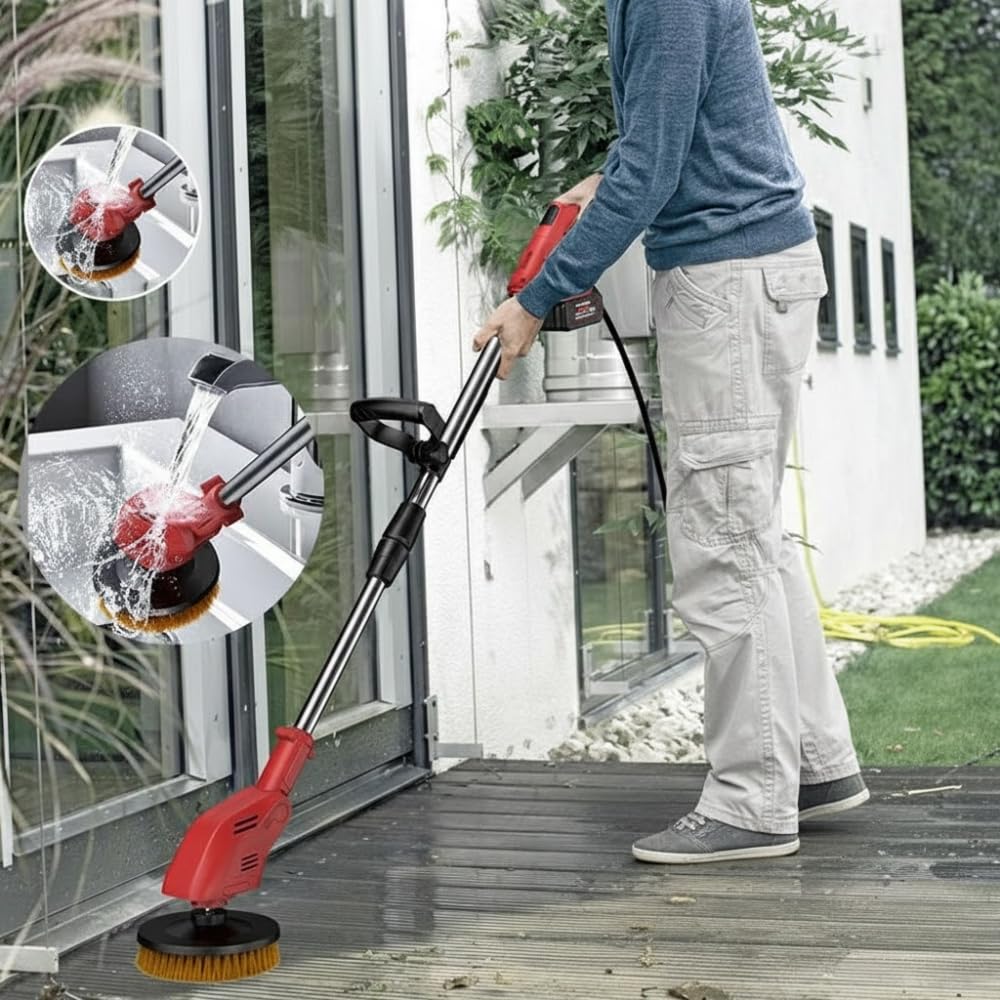 STARQ Cordless Electric Power Scrubber with Long Handle, 3 Replaceable Brush Heads, Adjustable Extension Rod, Rechargeable Cleaning Brush for Floor, Tile, Bathroom, Car & Home