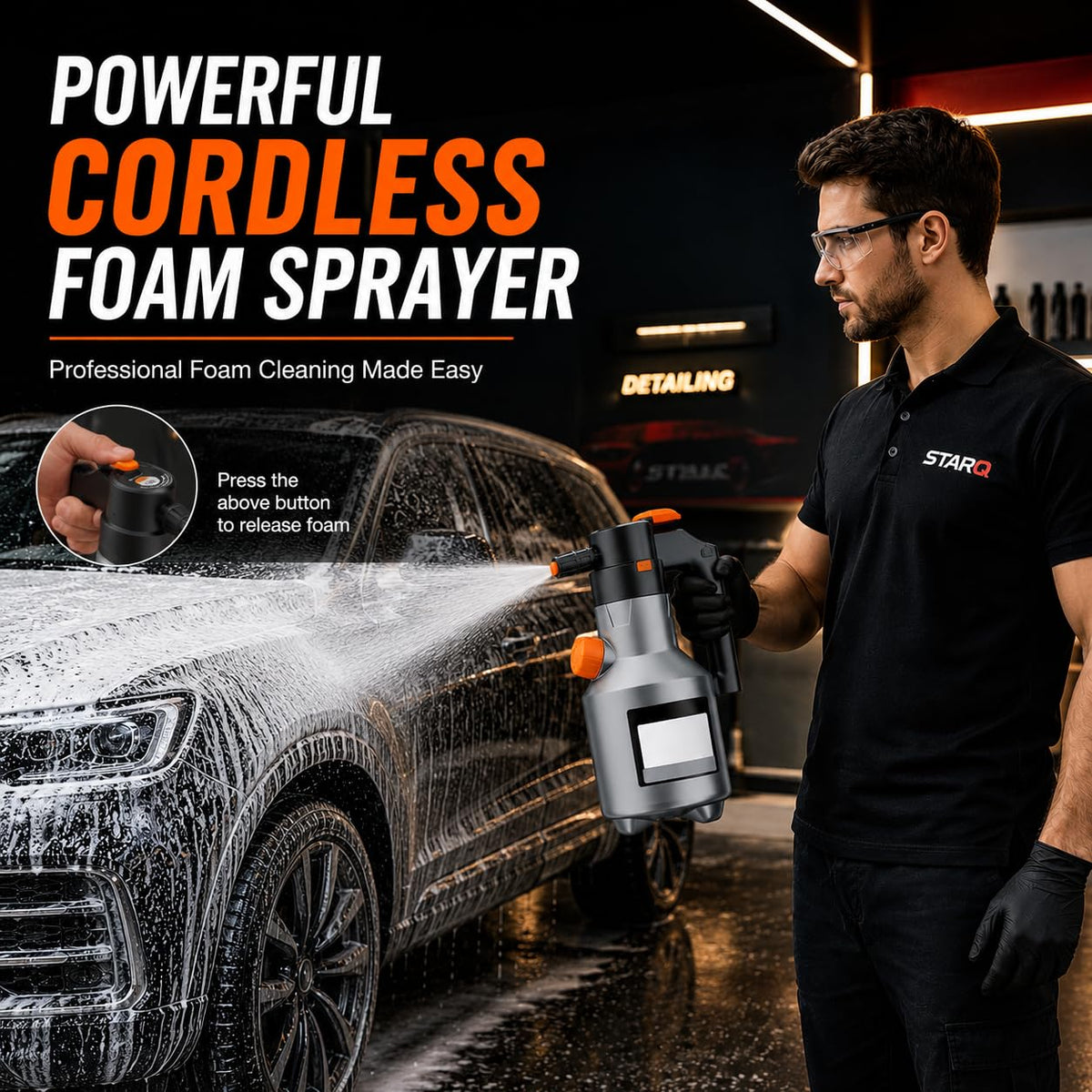 STARQ Foam Sprayer 2.0 Electric Foam Cannon 2L Cordless Rechargeable Foam Blaster with Side Filling System Adjustable Nozzle for Car Wash Bike Auto Detailing Garden & Home Cleaning