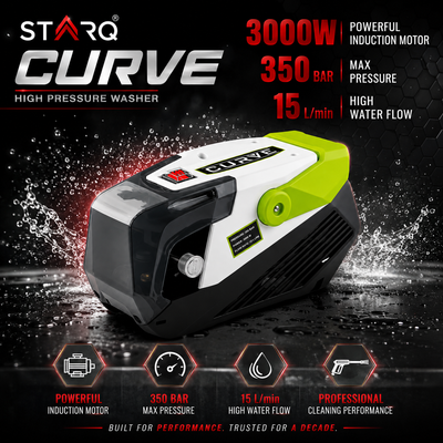 Starq curve High Pressure Washer, Car Washer, 3000 Watts Motor, 350 Bars, 15L/Min Flow Rate, 10 Meters Outlet Hose, Portable, Car, Bike & Home Cleaning