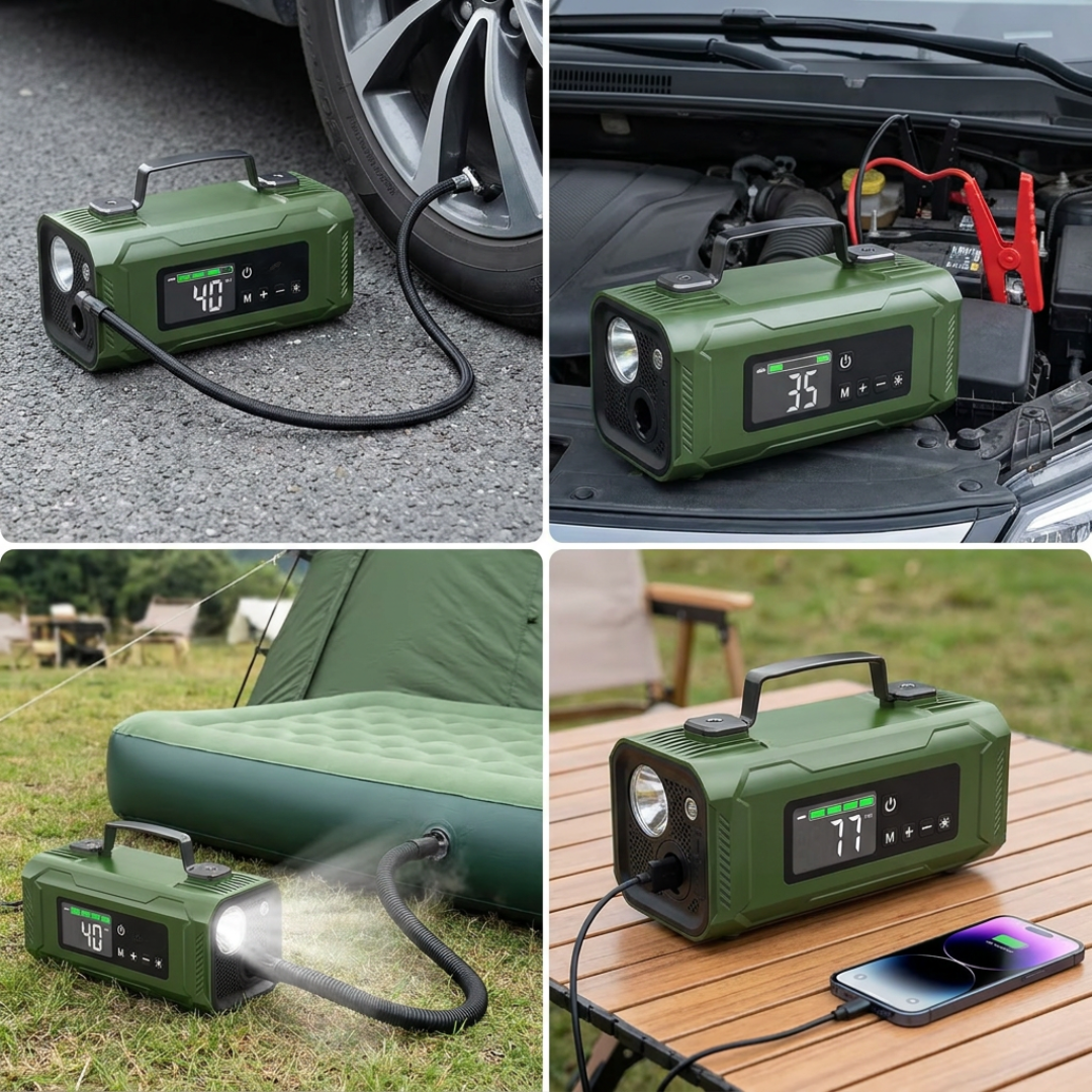STARQ 7-in-1 Portable Jump Starter with Air Compressor, 15000mAh Battery, 2500A Peak Current, 150PSI Tyre Inflator, LED Emergency Light for Car, Bike & SUV