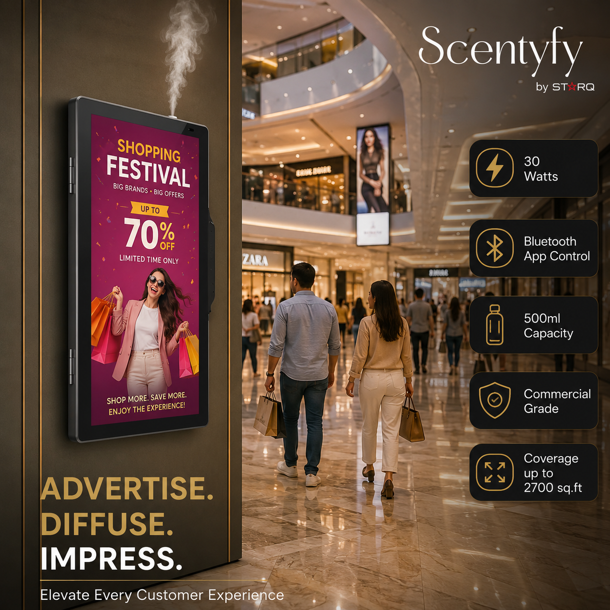 STARQ ADScent Smart Advertising Aroma Diffuser with Digital Display Screen, Commercial Scent Marketing & Digital Signage Solution for Retail Stores, Hotels, Offices & Showrooms Includes Complimentary 500ml Starter Pack Perfumes