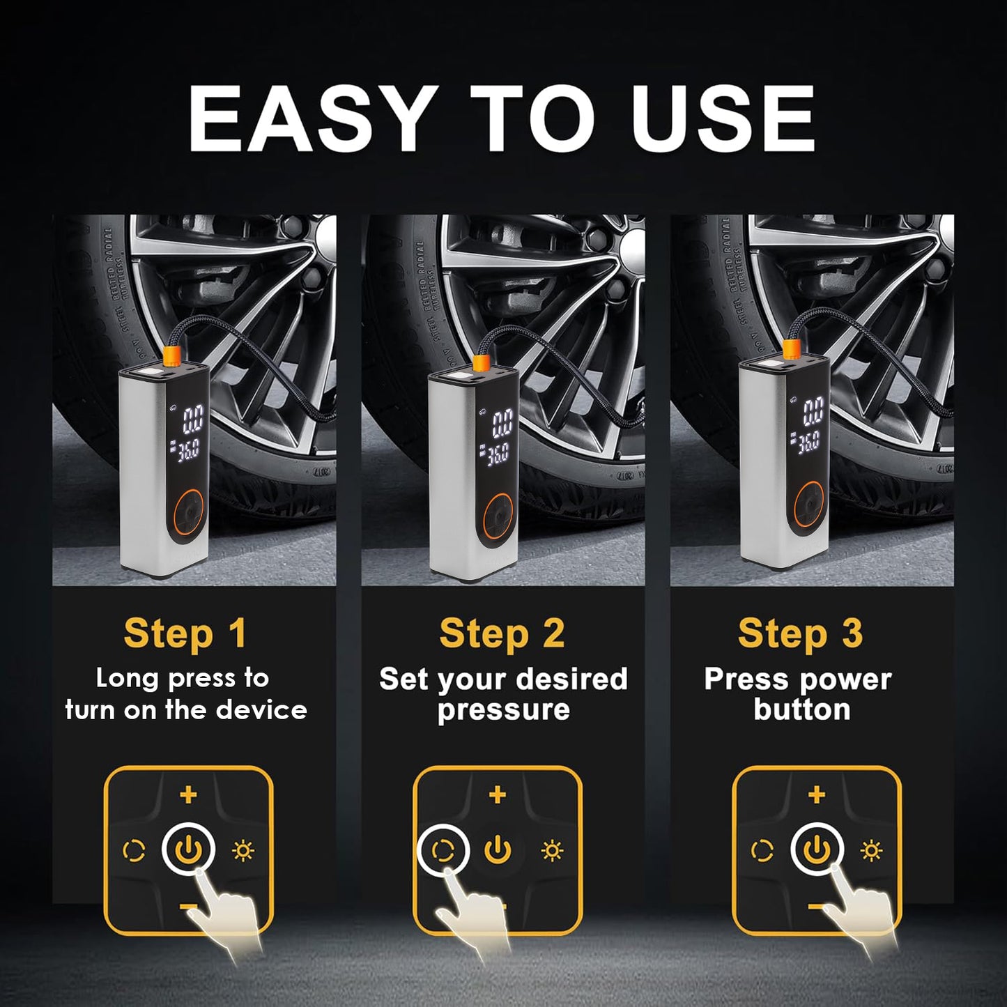 STARQ Inflate Pro Max Portable 2in1 Tyre Inflator/Air Compressor with Digital Display|8000mAh Battery|for Cars, Motorcycles, Bicycles, Football| Upto 150 Psi| Flash Light|Power Bank