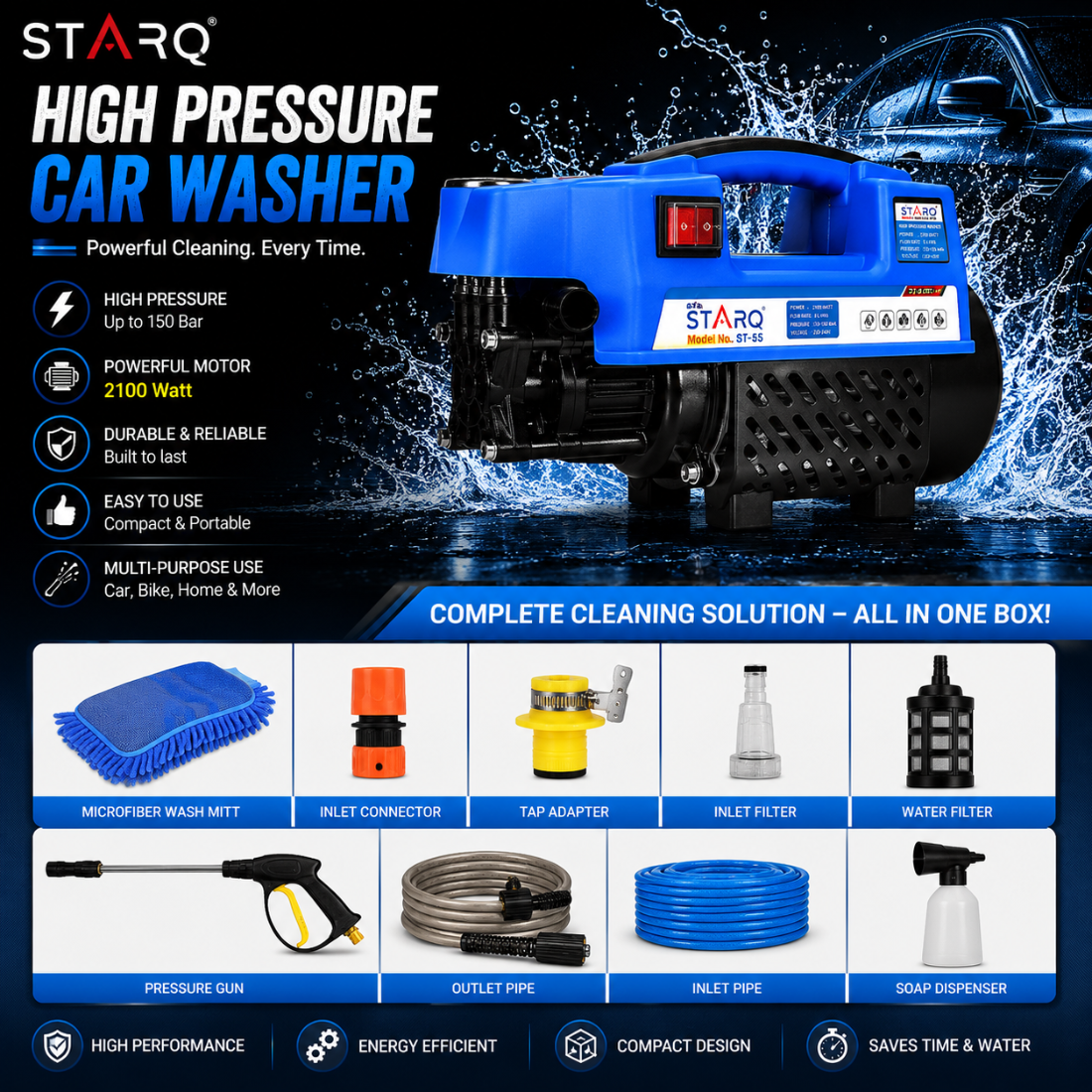 Starq ST25 High Pressure Washer, Car Washer, 2100 Watts Motor, 150 Bars, 8L/Min Flow Rate, 8 Meters Outlet Hose, Portable, Car, Bike & Home Cleaning