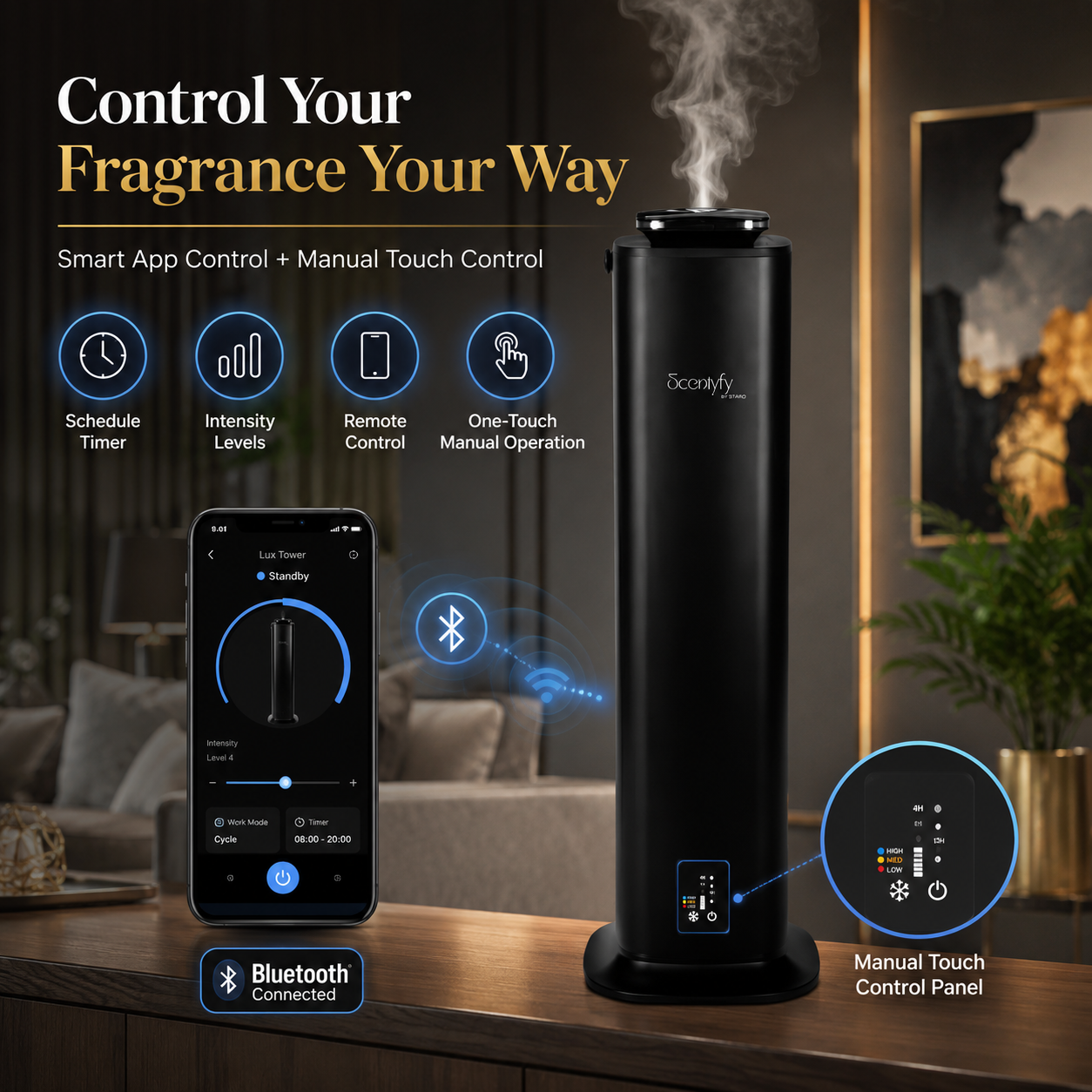STARQ Lux Tower Luxury Smart Air Scent Diffuser Waterless Aroma Machine App Control Cold Atomization Ultra Quiet No Heat for Home & Office Includes Complimentary 300ml Starter Perfume
