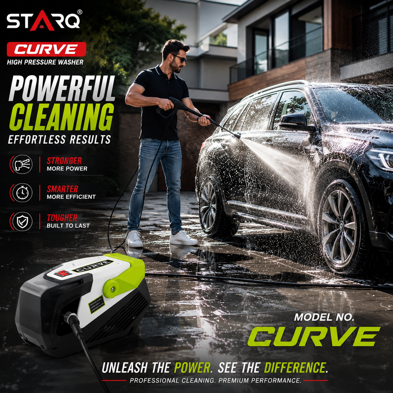 Starq curve High Pressure Washer, Car Washer, 3000 Watts Motor, 350 Bars, 15L/Min Flow Rate, 10 Meters Outlet Hose, Portable, Car, Bike & Home Cleaning