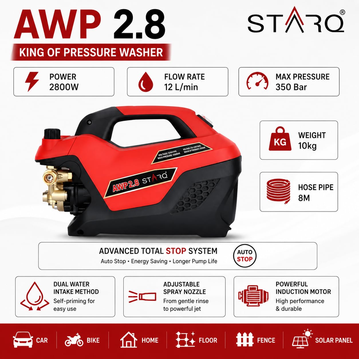 STARQ AWP 2.8 Combo High Pressure Car Washer | 2800W Motor, 350 Bar, 12L/Min Flow, 8M Hose Pipe | Professional 1L Foam Cannon Snow Lance (Red) with Pressure Control Knob