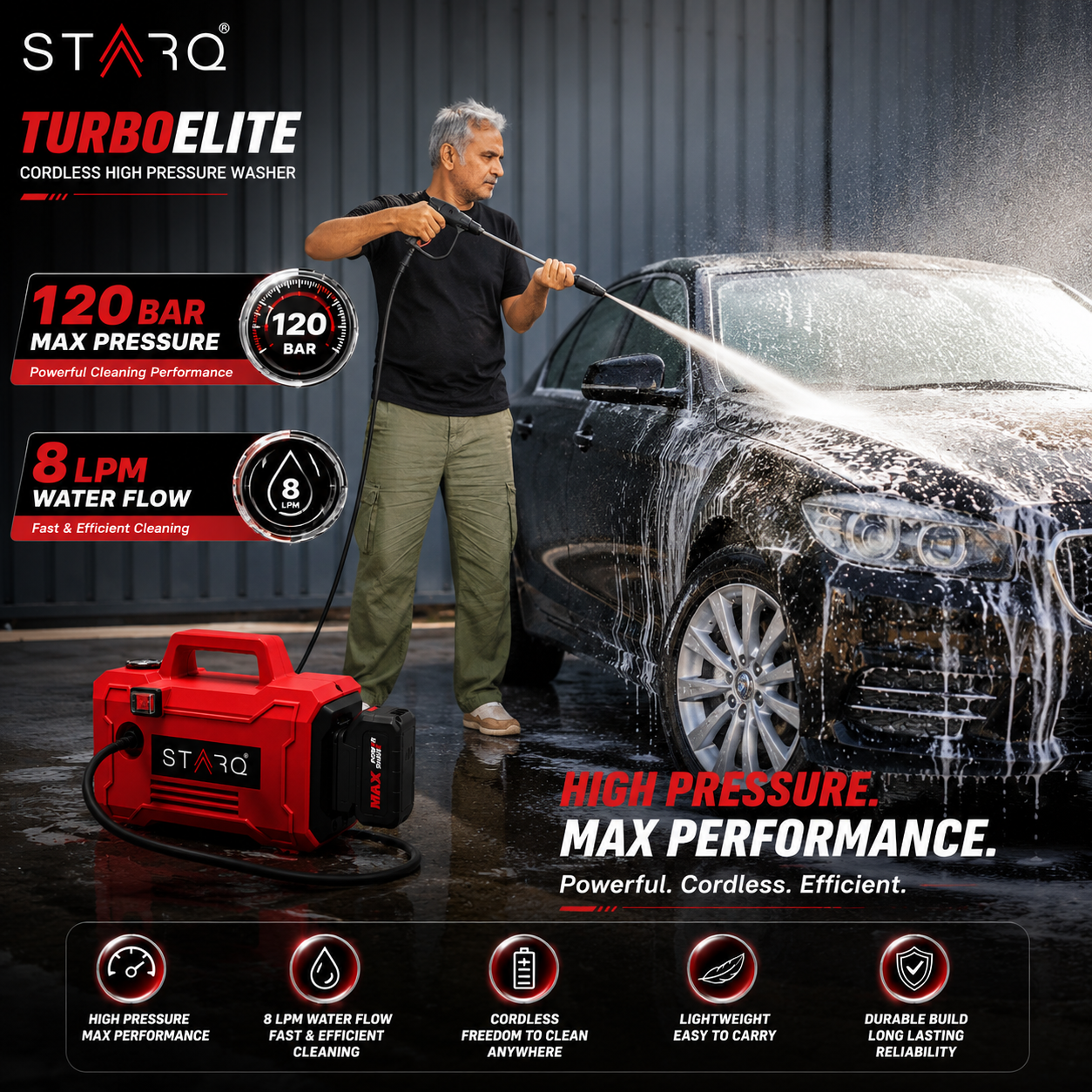 STARQ TurboElite 48V Cordless High Pressure Washer, 1200 Watts, 120 Bar, 8 LPM, with 5000mAh Batteries, 8 Meter Hose Portable Car, Bike, and Home Cleaning (Single Battery Included)