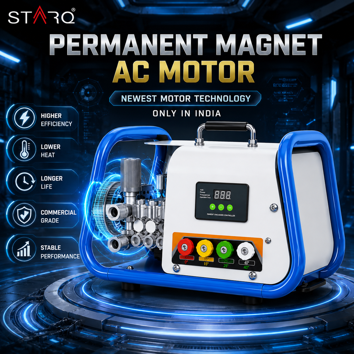 STARQ STPMDC 3.6 Commercial High Pressure Washer 2700W 3.6HP PMDC Motor 230 Bar 15 LPM Digital Display 15m Steel Braided Hose with QRC 4 Nozzles for Car Bike Home Truck