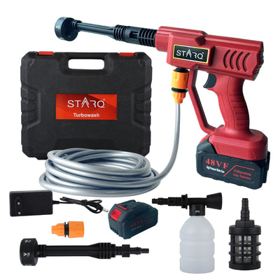 STARQ Turbowash Cordless Portable 48V Wireless Pressure Washer Gun - 12000mAh High Pressure Water Gun for Car and Bike Wash, Adjustable 6 in 1 Nozzle, 5M Hose Pipe, (Double Battery  with Charger)