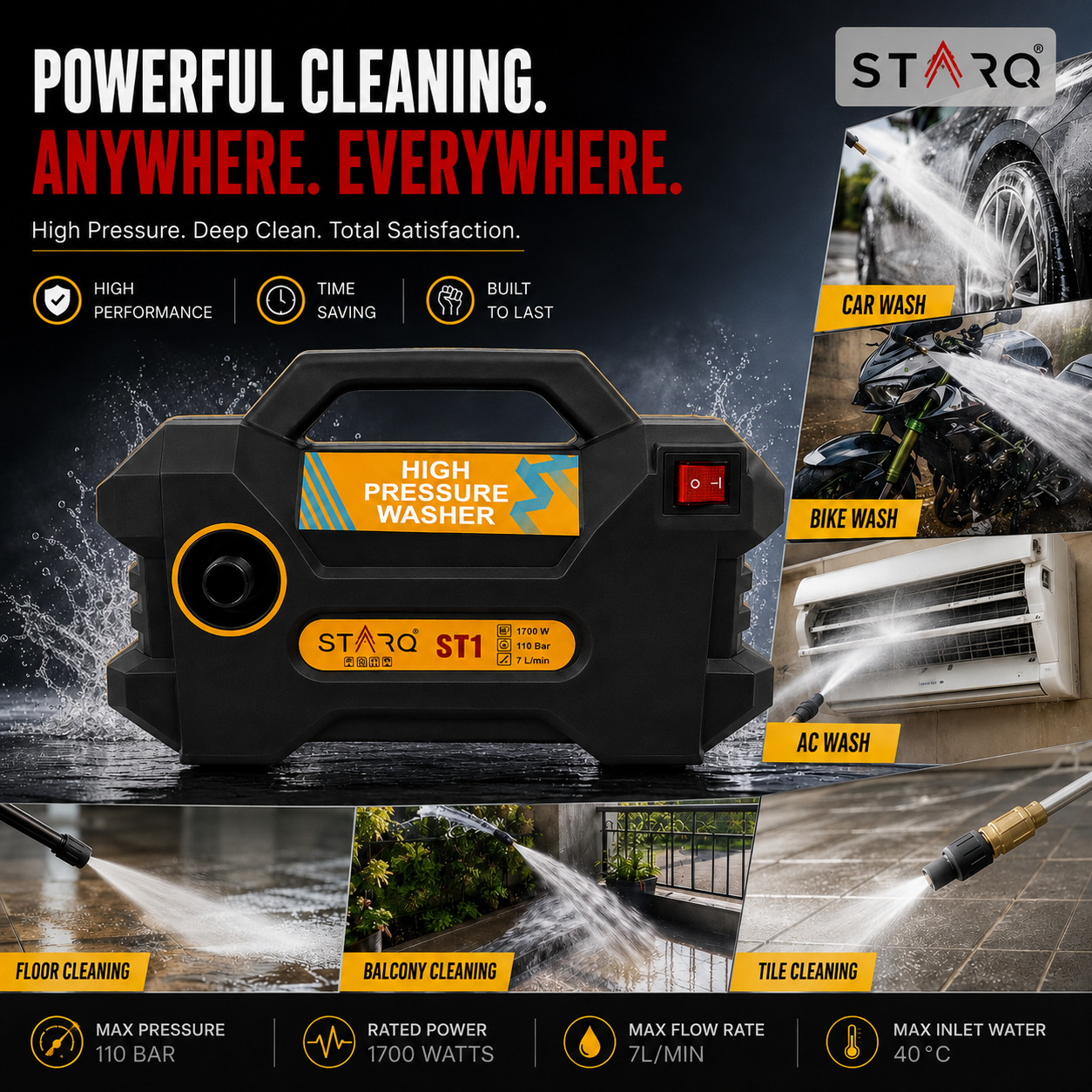 STARQ ST1 | 110 Bar 1700W | Heavy Duty High Pressure Washer for Car, Bike, Home | Pressure Adjustable | Red