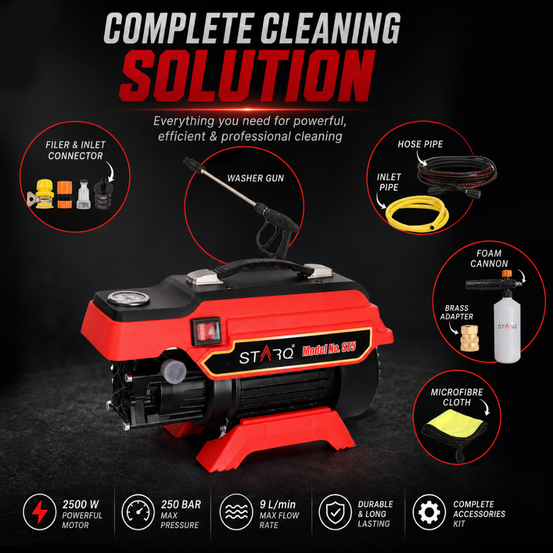 STARQ ST5 | 250 Bar 2500W | Heavy Duty High Pressure Washer for Car, Bike, Home | 1Ltr Professional Snow Foam Lance | Red