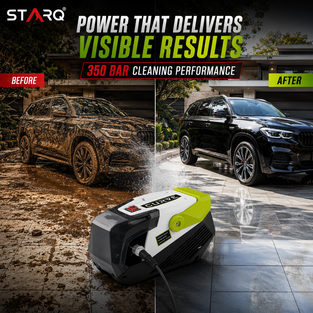 Starq curve High Pressure Washer, Car Washer, 3000 Watts Motor, 350 Bars, 15L/Min Flow Rate, 10 Meters Outlet Hose, Portable, Car, Bike & Home Cleaning