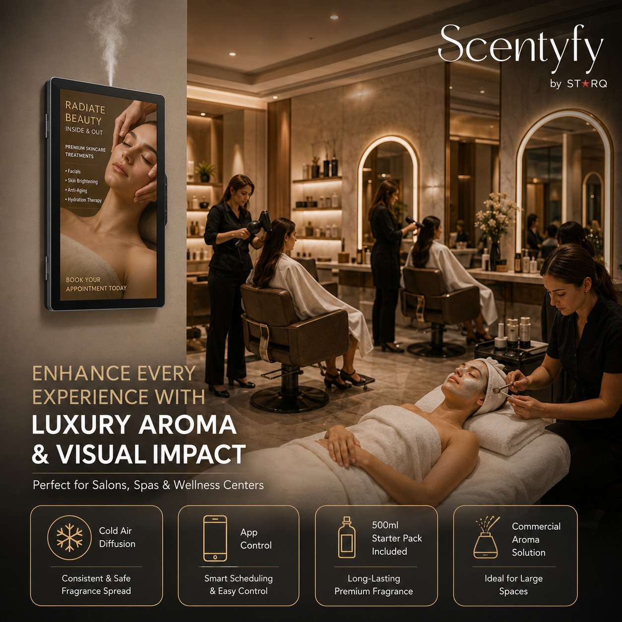 STARQ ADScent Smart Advertising Aroma Diffuser with Digital Display Screen, Commercial Scent Marketing & Digital Signage Solution for Retail Stores, Hotels, Offices & Showrooms Includes Complimentary 500ml Starter Pack Perfumes