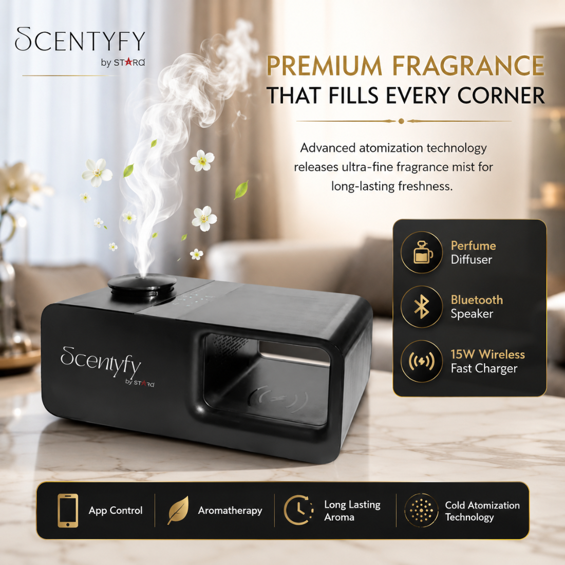 STARQ Trinity 3-in-1 Smart Perfume Diffuser with Bluetooth Speaker & Wireless Charger, Aromatherapy Essential Oil Diffuser, Home, Office & Bedroom Decor