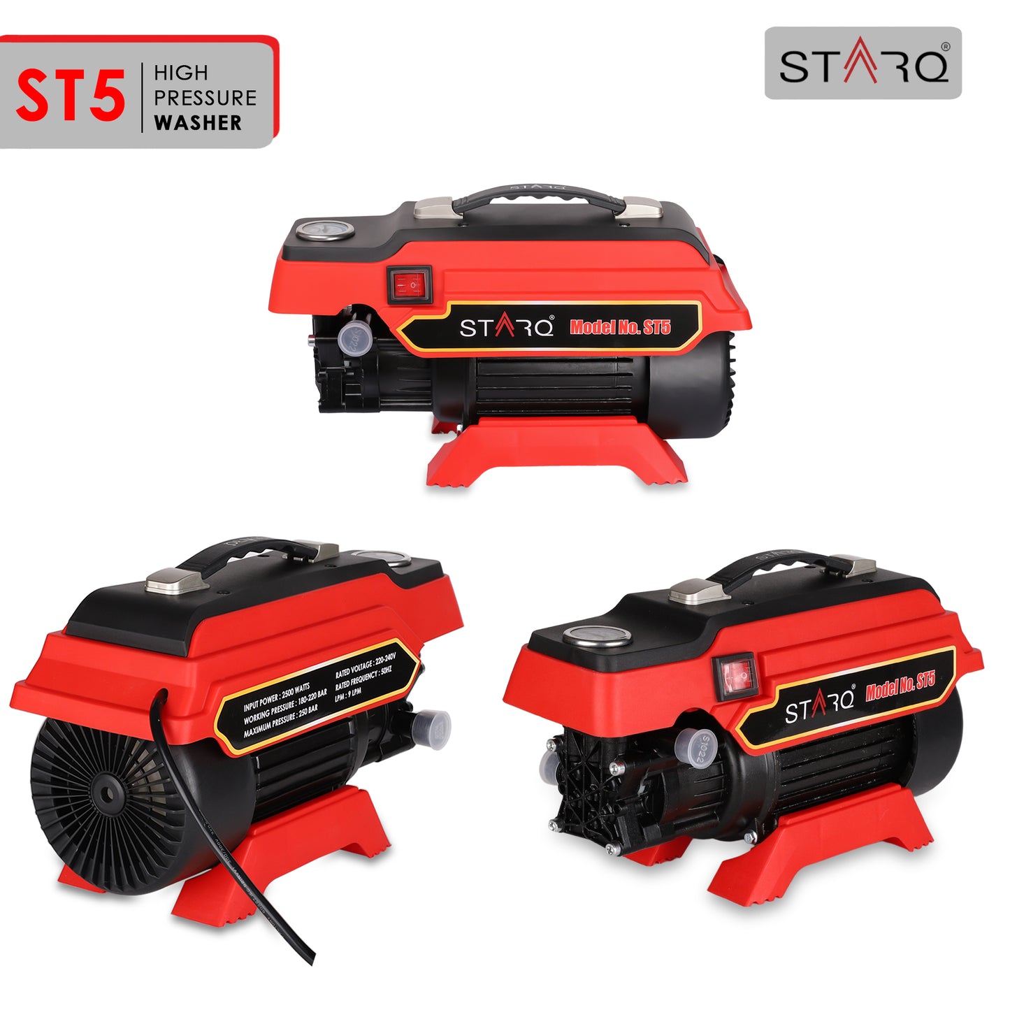 STARQ ST5 | 250 Bar 2500W | Heavy Duty High Pressure Washer for Car, Bike, Home | 1Ltr Professional Snow Foam Lance | Red