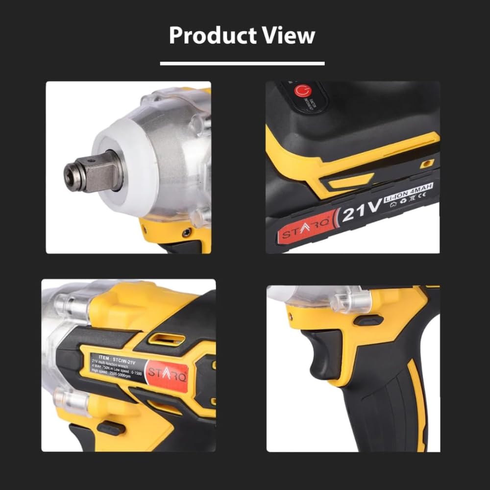 STARQ Heavy Duty 21V Cordless Impact Wrench with 2 Batteries | 2 Variable Speed | Build-In LED Lights | Forward & ReverseSwitch | Yellow (Wrench-combo)