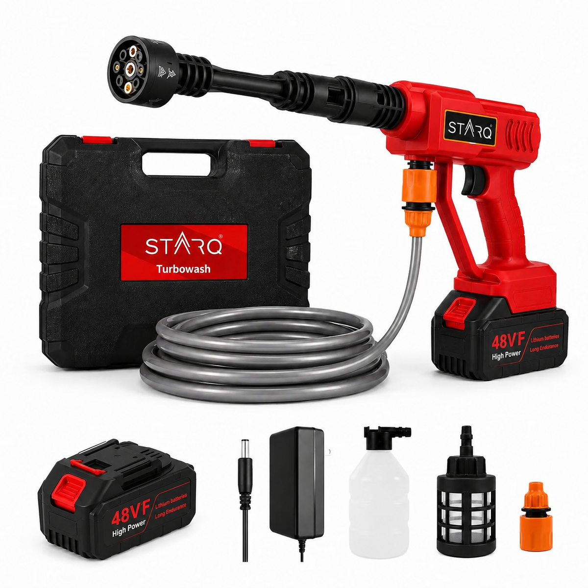 STARQ Turbowash Cordless Portable 48V Wireless Pressure Washer Gun - 12000mAh High Pressure Water Gun for Car and Bike Wash, Adjustable 6 in 1 Nozzle, 5M Hose Pipe, (Single Battery with Charger)