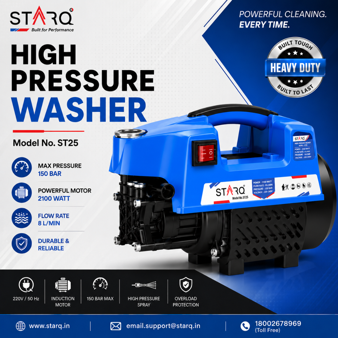 Starq ST25 High Pressure Washer, Car Washer, 2100 Watts Motor, 150 Bars, 8L/Min Flow Rate, 8 Meters Outlet Hose, Portable, Car, Bike & Home Cleaning