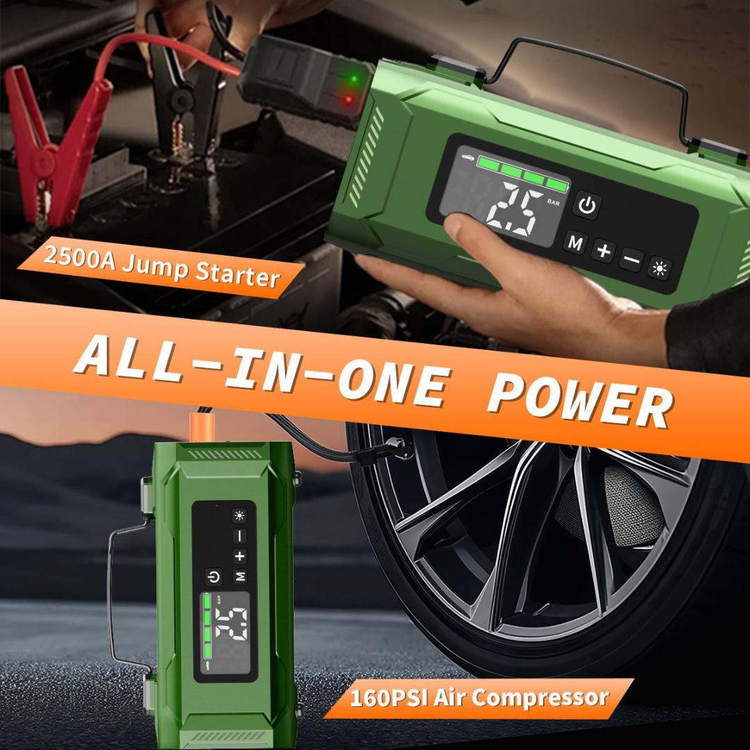 STARQ 7-in-1 Portable Jump Starter with Air Compressor, 15000mAh Battery, 2500A Peak Current, 150PSI Tyre Inflator, LED Emergency Light for Car, Bike & SUV