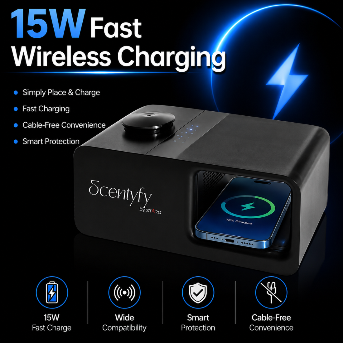 STARQ Trinity 3-in-1 Smart Perfume Diffuser with Bluetooth Speaker & Wireless Charger, Aromatherapy Essential Oil Diffuser, Home, Office & Bedroom Decor