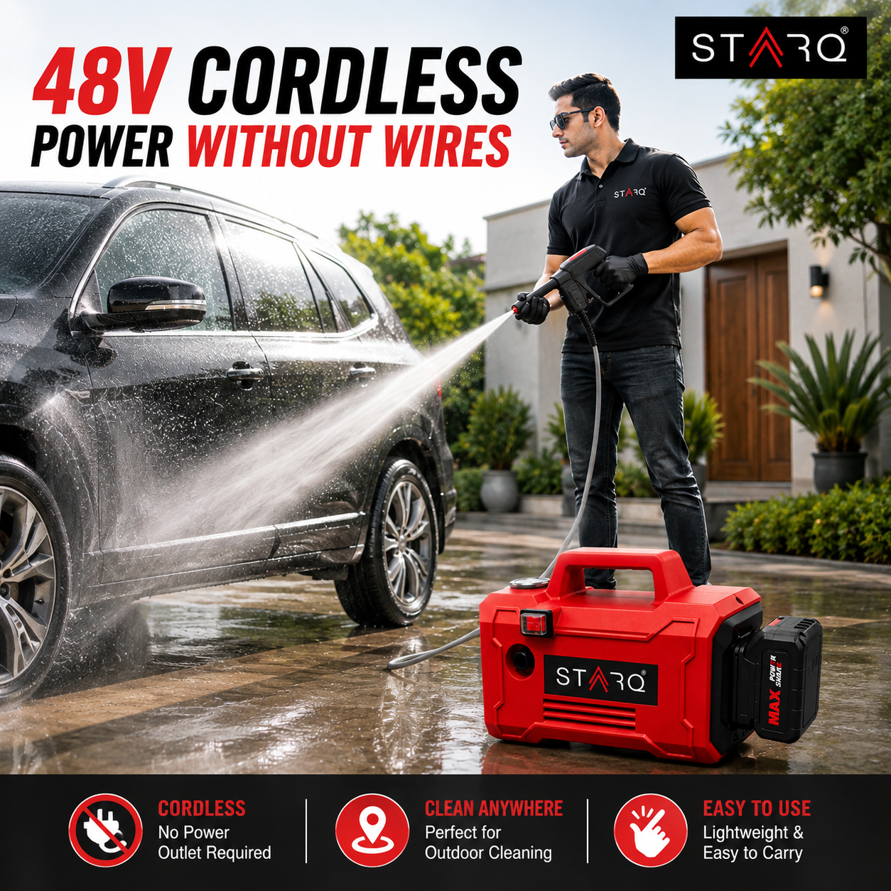 STARQ TurboElite 48V Cordless High Pressure Washer, 1200 Watts, 120 Bar, 8 LPM, with 5000mAh Batteries, 8 Meter Hose Portable Car, Bike, and Home Cleaning (Single Battery Included)