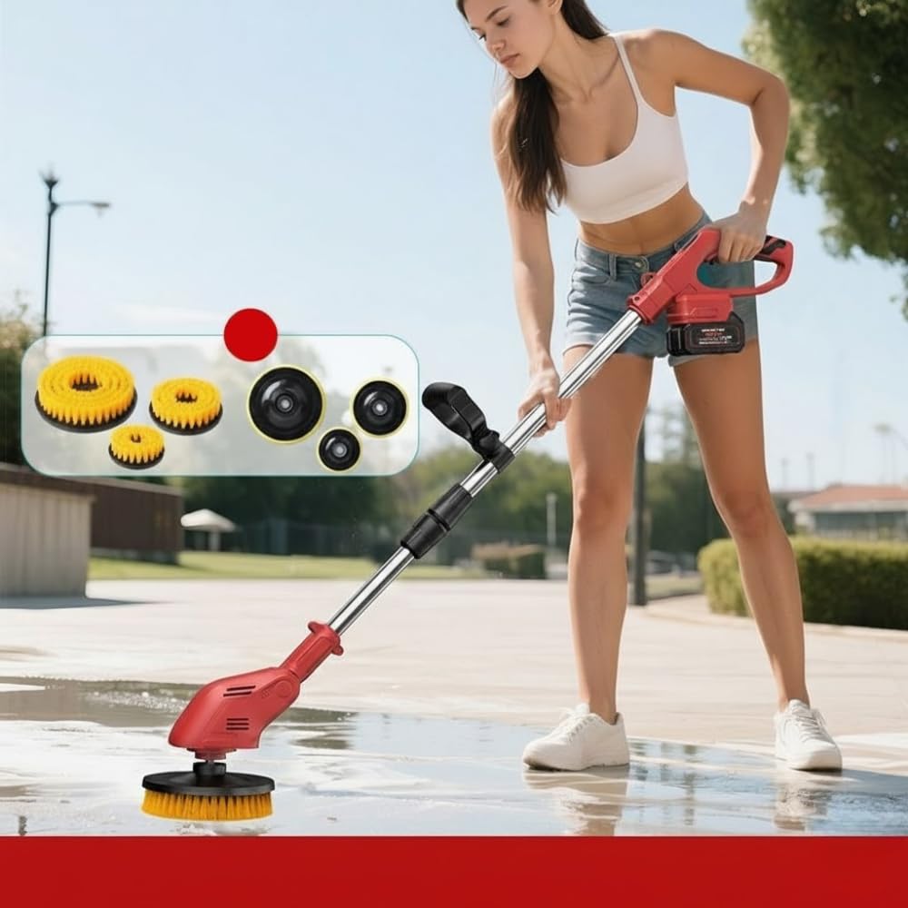 STARQ Cordless Electric Power Scrubber with Long Handle, 3 Replaceable Brush Heads, Adjustable Extension Rod, Rechargeable Cleaning Brush for Floor, Tile, Bathroom, Car & Home