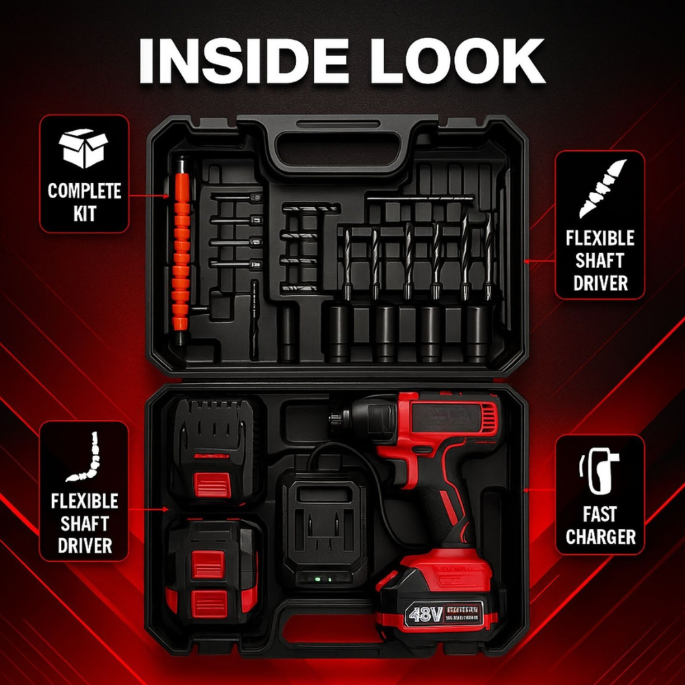 STARQ 4-in-1 Cordless Impact Wrench/Driver Drill 48V, 850Nm Torque, 2×5.0Ah Li-ion Batteries, Variable Speed, LED Light | 30-Piece Kit of Sockets & Bits, Fast Charger & Carry Case.