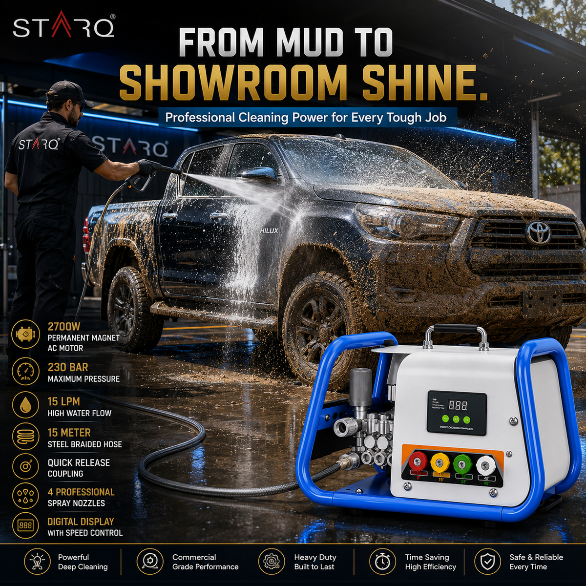 STARQ STPMDC 3.6 Commercial High Pressure Washer 2700W 3.6HP PMDC Motor 230 Bar 15 LPM Digital Display 15m Steel Braided Hose with QRC 4 Nozzles for Car Bike Home Truck