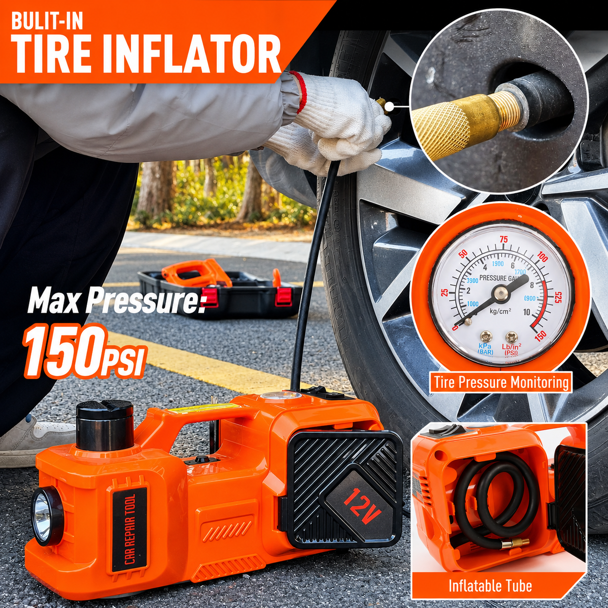Starq 3in1 Electric Hydraulic Car Jack Kit with Impact Wrench and Tire Inflator Pump, 5 Ton 12V Hydraulic Jack with LED Light Lifting Range 6 to 17.7 inch Compactible for Car SUV MPV Sedan