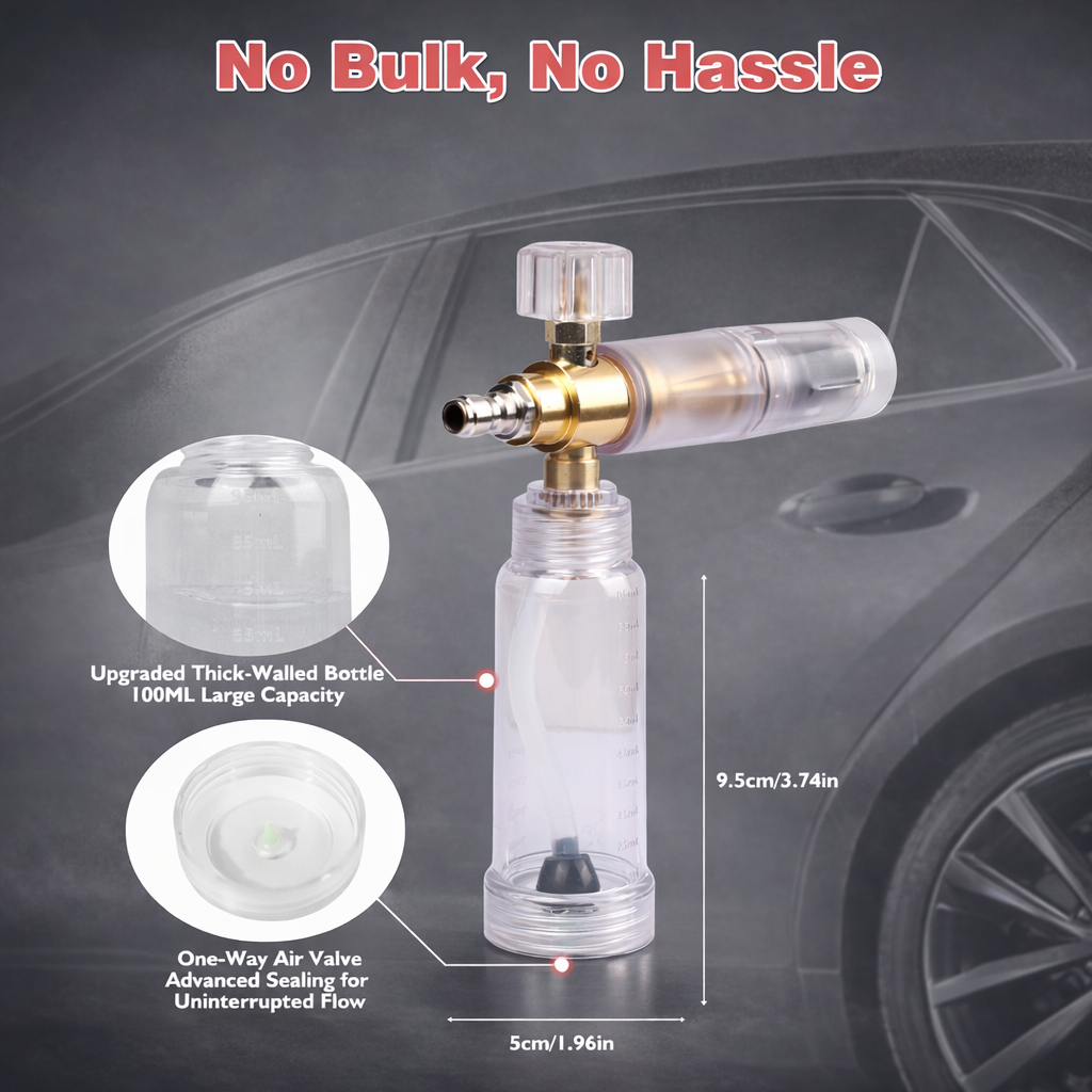 STARQ Nano Compact Size Heavy-Duty Professional Concentrate Foam Cannon Snow Lance 100 mL Bottle with 1.1mm Orifice 1/4″ Quick Connector for Pressure Washer Easy Gravity Fed Comes with Adapter