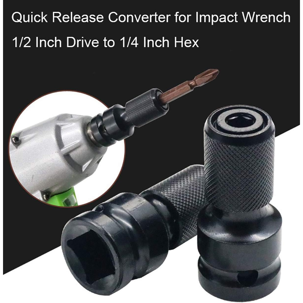 STARQ 1/2 Inch Square Drive To 1/4 Inch Hex Female Socket Adapter Quick Release Chuck Converter Drill Chucks Adaptor Conversion For Impact And Ratchet Wrench SD With Ring & Rod included