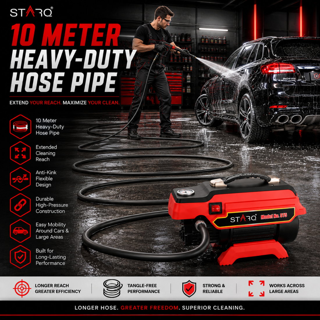 STARQ ST5 | 250 Bar 2500W | Heavy Duty High Pressure Washer for Car, Bike, Home | 1Ltr Professional Snow Foam Lance | Red