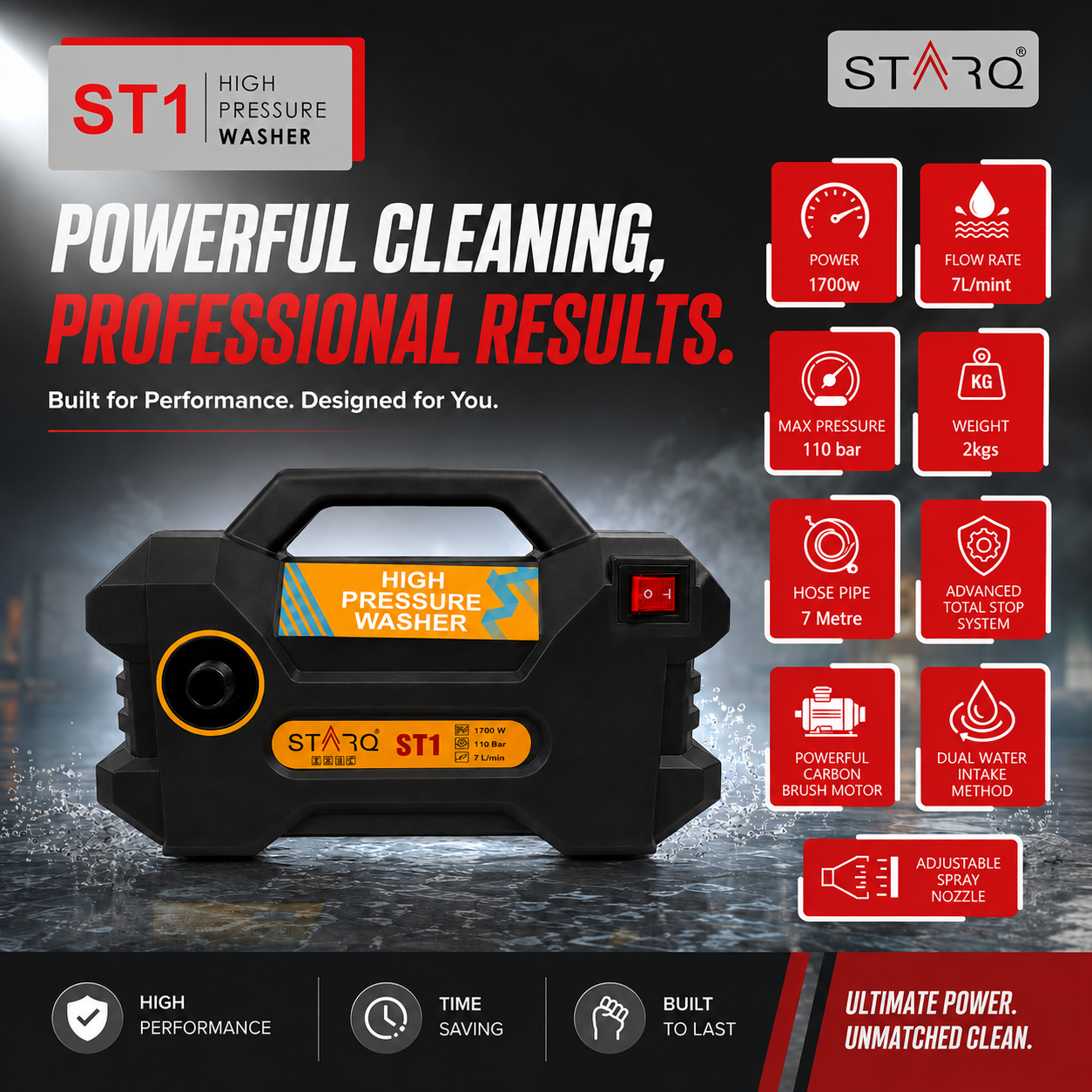 STARQ ST1 | 110 Bar 1700W | Heavy Duty High Pressure Washer for Car, Bike, Home | Pressure Adjustable | Red