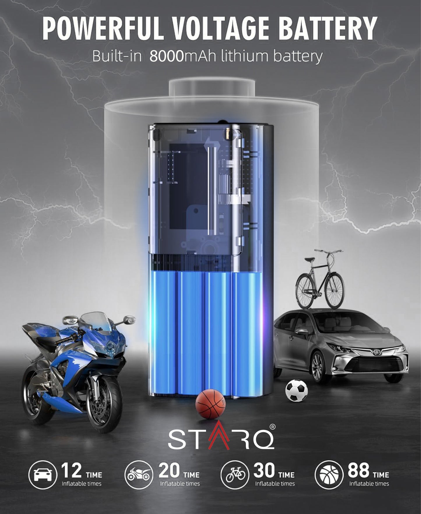STARQ Inflate Pro Max Portable 2in1 Tyre Inflator/Air Compressor with Digital Display|8000mAh Battery|for Cars, Motorcycles, Bicycles, Football| Upto 150 Psi| Flash Light|Power Bank