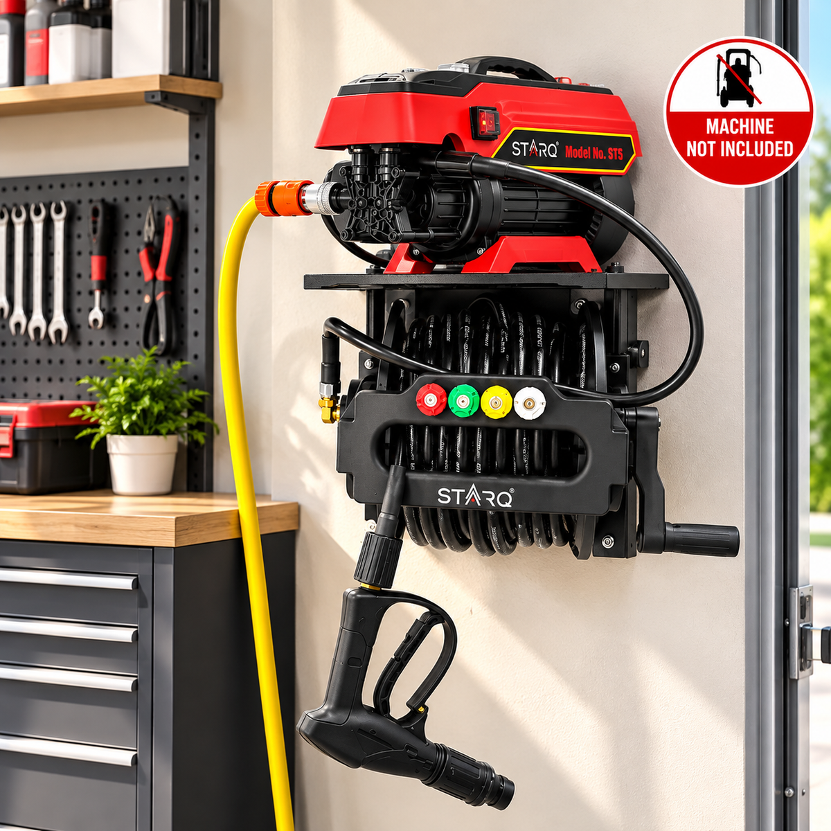 STARQ Wall Mounted Pressure Washer Stand with 15 Metre Hose Reel, Heavy Duty Metal Stand for Pressure Washer Accessories, Space Saving Wall Mount Storage for Home, Farmhouse, Car Detailing Centre & Workshop