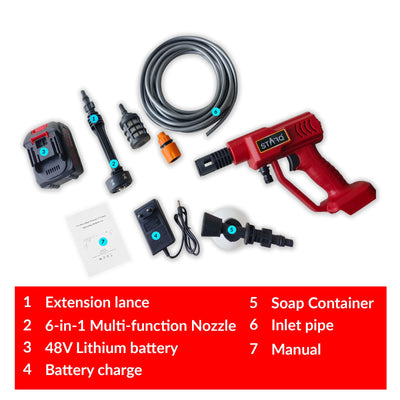 STARQ Turbowash Cordless Portable 48V Wireless Pressure Washer Gun - 12000mAh High Pressure Water Gun for Car and Bike Wash, Adjustable 6 in 1 Nozzle, 5M Hose Pipe, (Single Battery with Charger)
